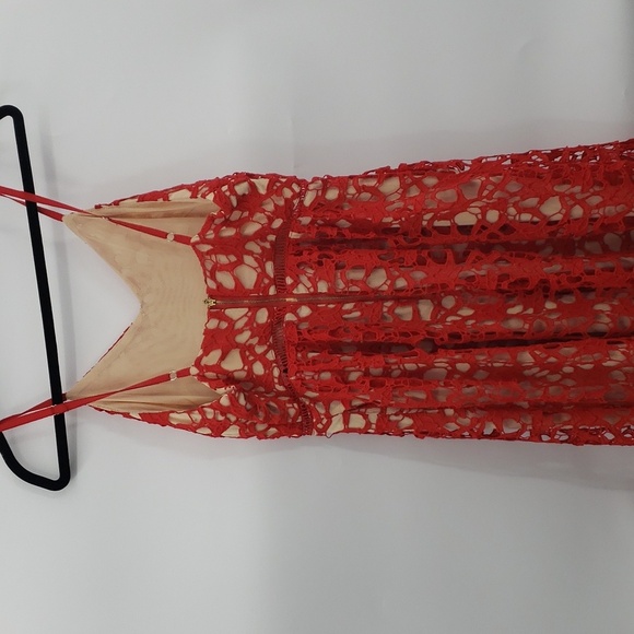 Laffaire | Red Lace Strappy Midi lace dress - nude underlay - Medium - Picture 4 of 14